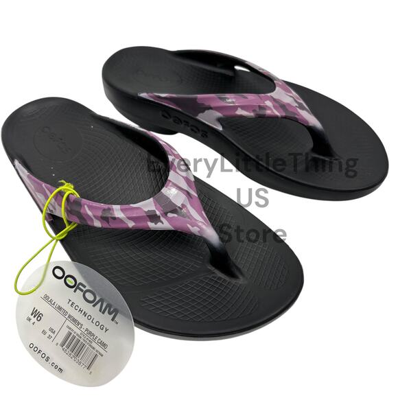 Oofos Oolala Flip Flops Thong Sandals Womens 6 Limited Edition Purple Camo Flaw - Picture 1 of 7